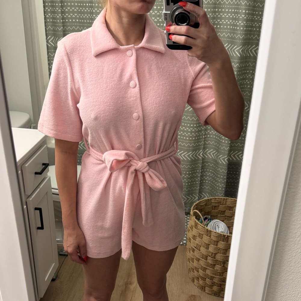 Pink Button-Up Jumpsuit with Belt